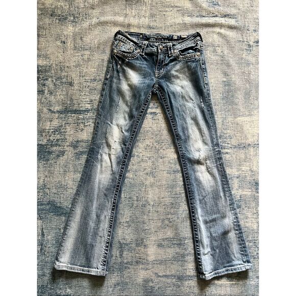 Miss Me Distressed Light Wash Rhinestone Boot Cut Denim Jeans 27" - Picture 1 of 8